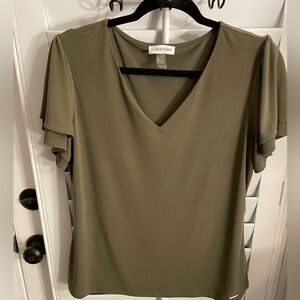 Calvin Klein - Short Flutter Sleeve Top - V Neck - Green - L